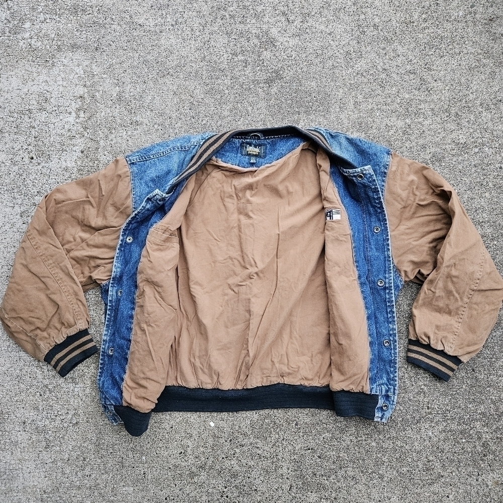 VTG 90s Dunbrooke Pace Denim Varsity Bomber Trucker Jacket Blue Tan Mens Size XL - Picture 3 of 16